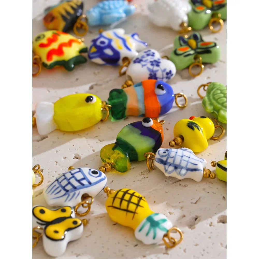 1PC Fashion Enamel Fish Turtle Flower Insect Stainless Steel Charm DIY Accessories Making Necklace Bracelet Jewelry
