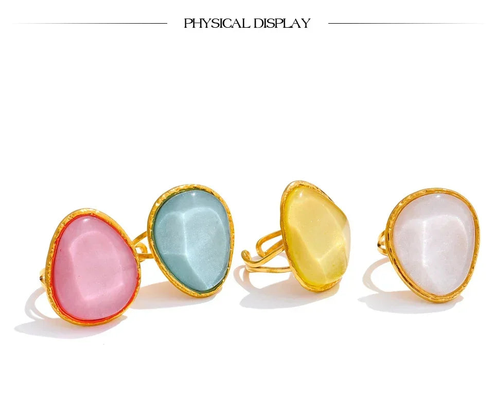 Exquisite Candy Multi-Color White Pink Blue Yellow Resin Adjustable Ring Gold Color Stainless Steel Summer Jewelry Gift