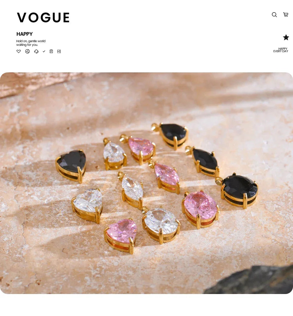 Casting Technology Fashion Black White Pink Bling Cubic Zirconia Gold Color Charm Pendant Stainless Steel DIY Accessories