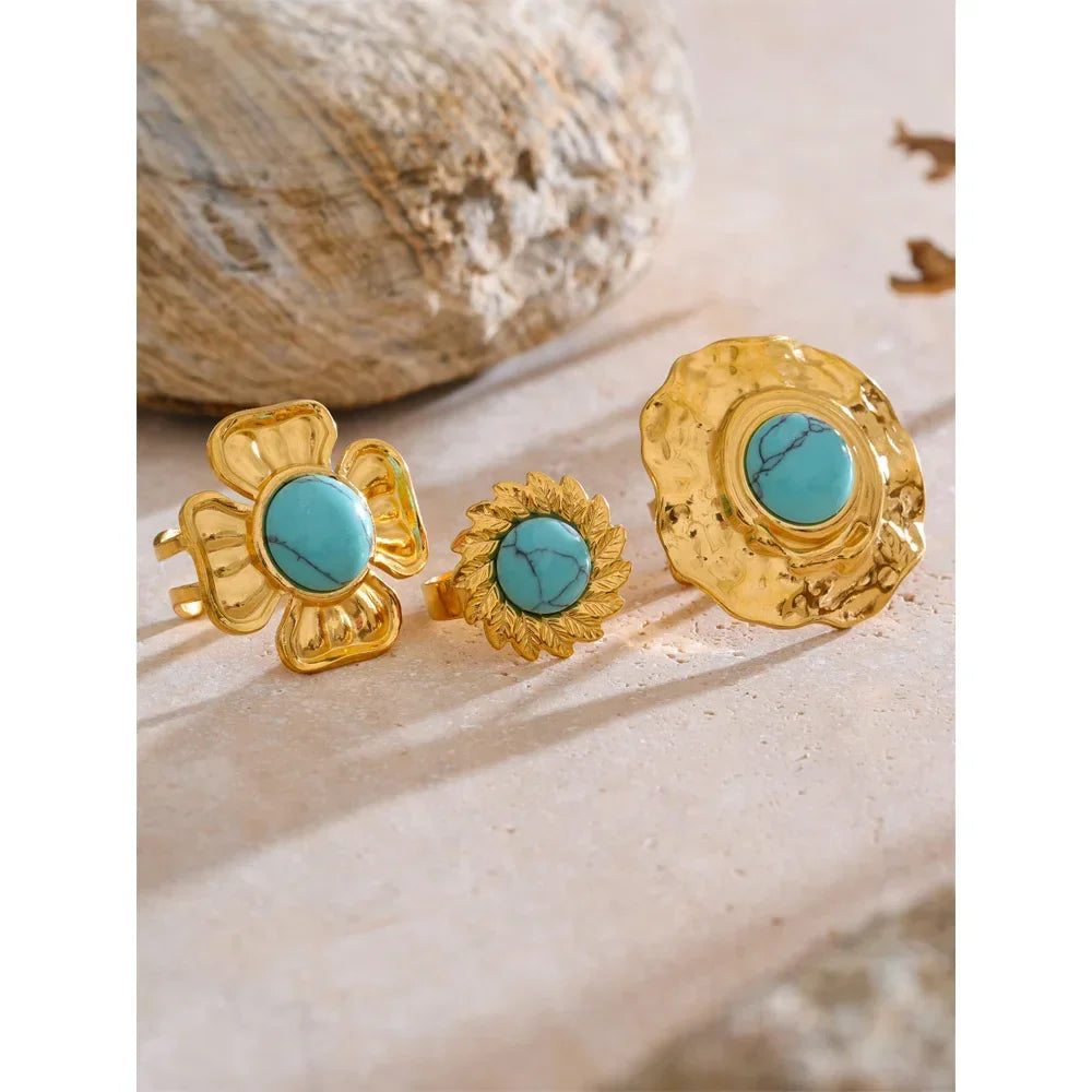 Yhpup Arrivals Blue Turquoise Flower Sun Adjustable Ring for Women 18K Golden Plated Stainless Steel Fashion Finger Jewelry