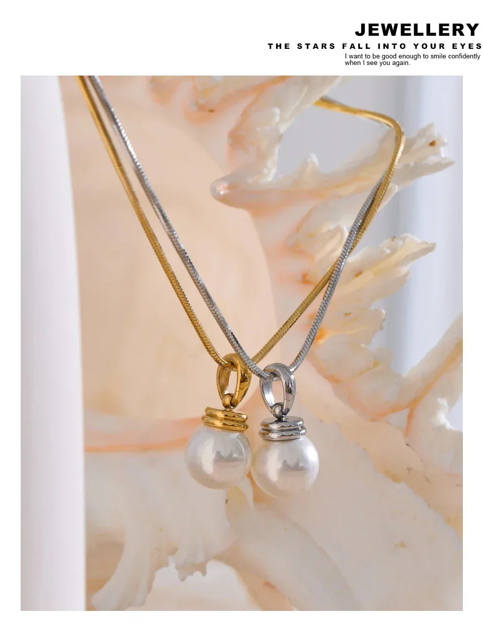 Two pearl pendants on gold and silver necklaces against a shell background with jewelry 