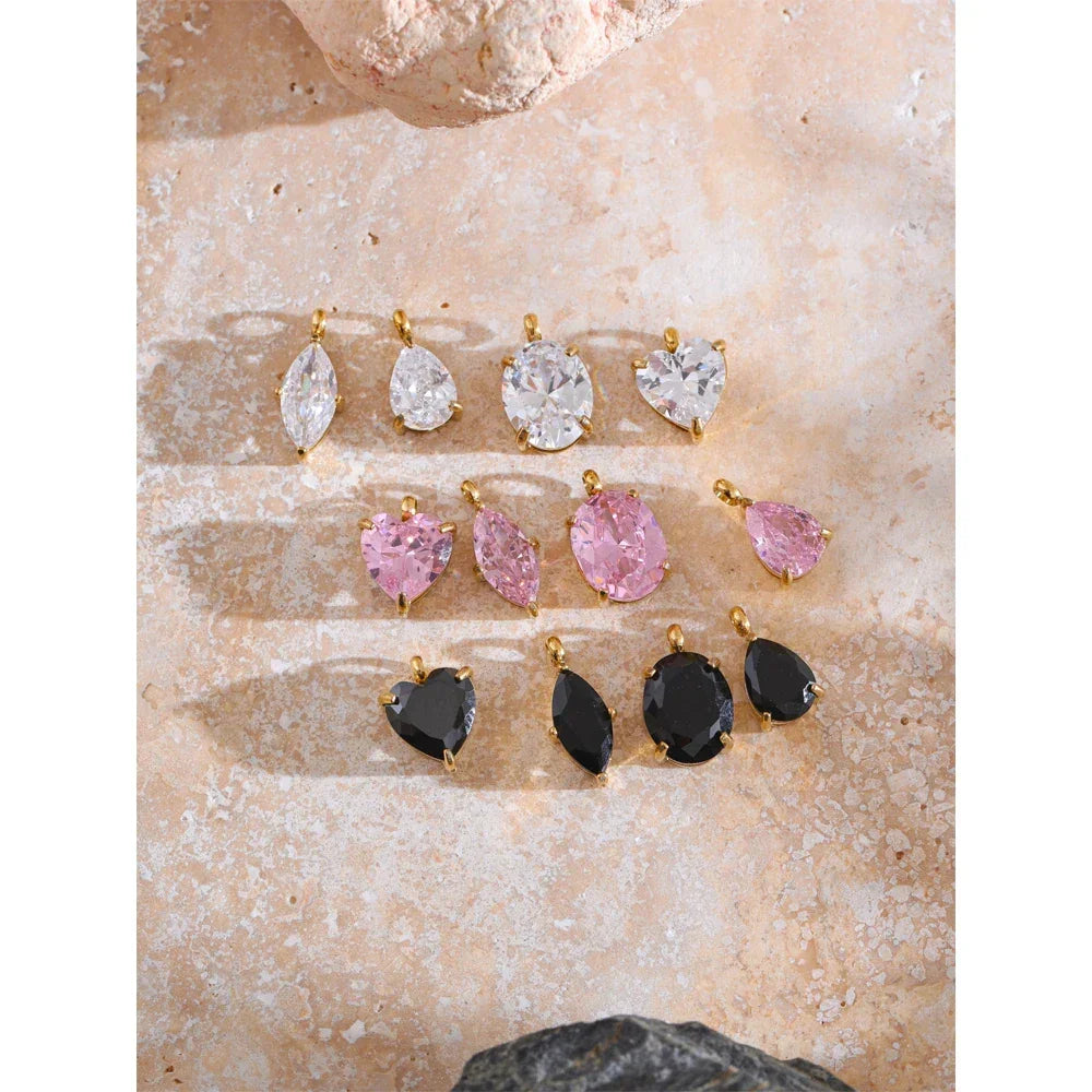 Casting Technology Fashion Black White Pink Bling Cubic Zirconia Gold Color Charm Pendant Stainless Steel DIY Accessories