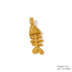 A gold fish skeleton pendant charm on a plain white background, with product specifications printed in the bottom right corner.