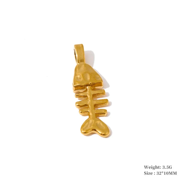 A gold fish skeleton pendant charm on a plain white background, with product specifications printed in the bottom right corner.