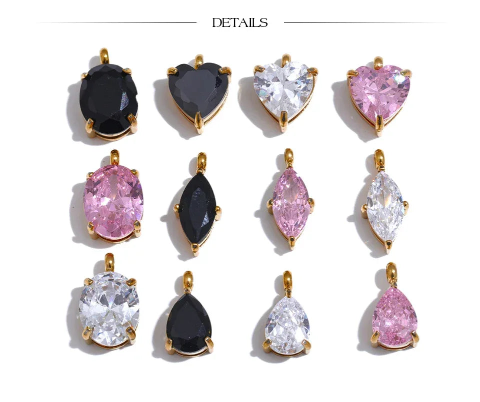 Casting Technology Fashion Black White Pink Bling Cubic Zirconia Gold Color Charm Pendant Stainless Steel DIY Accessories