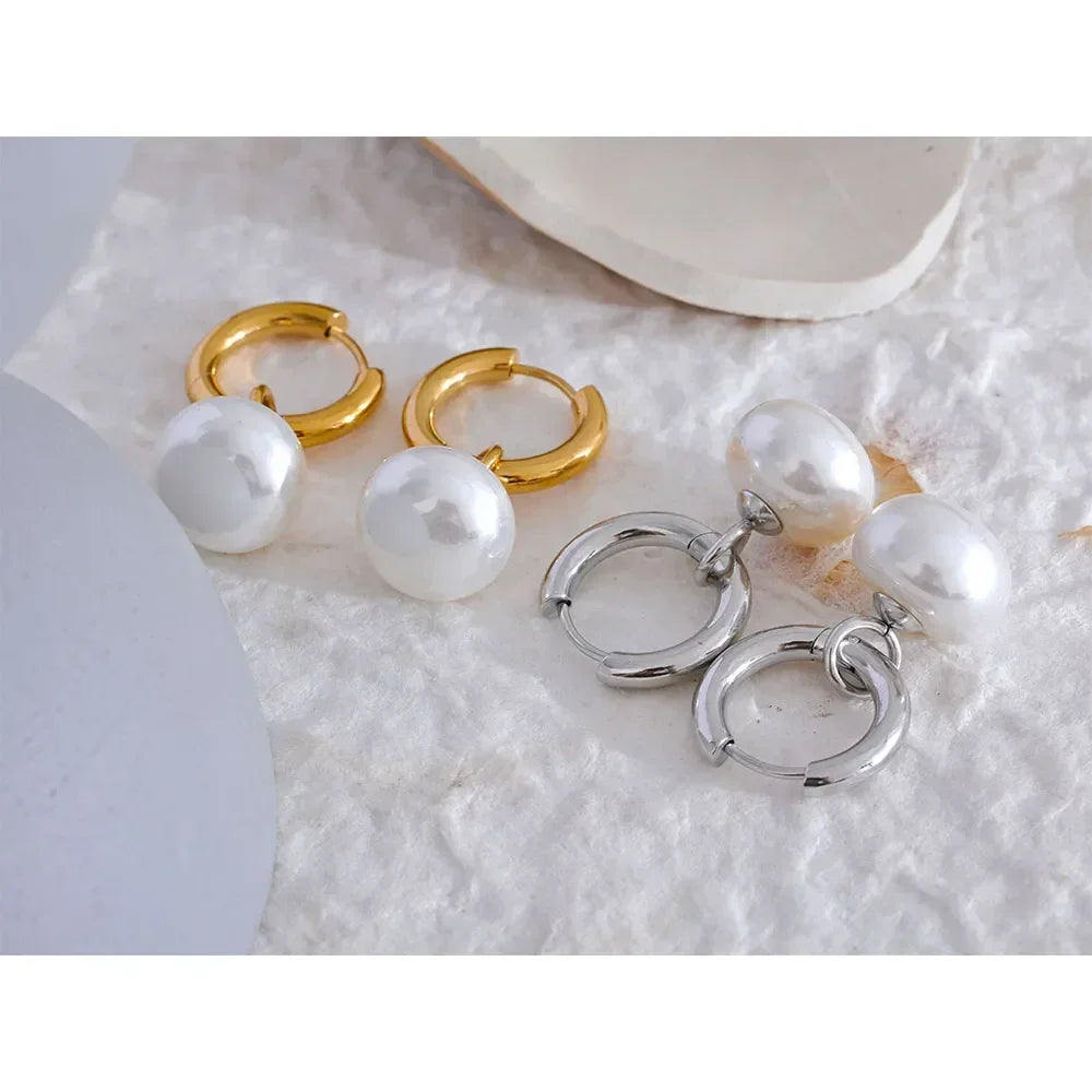 Golden Pearl Drop Korean Hoop Earrings - TM & Co. Jewels