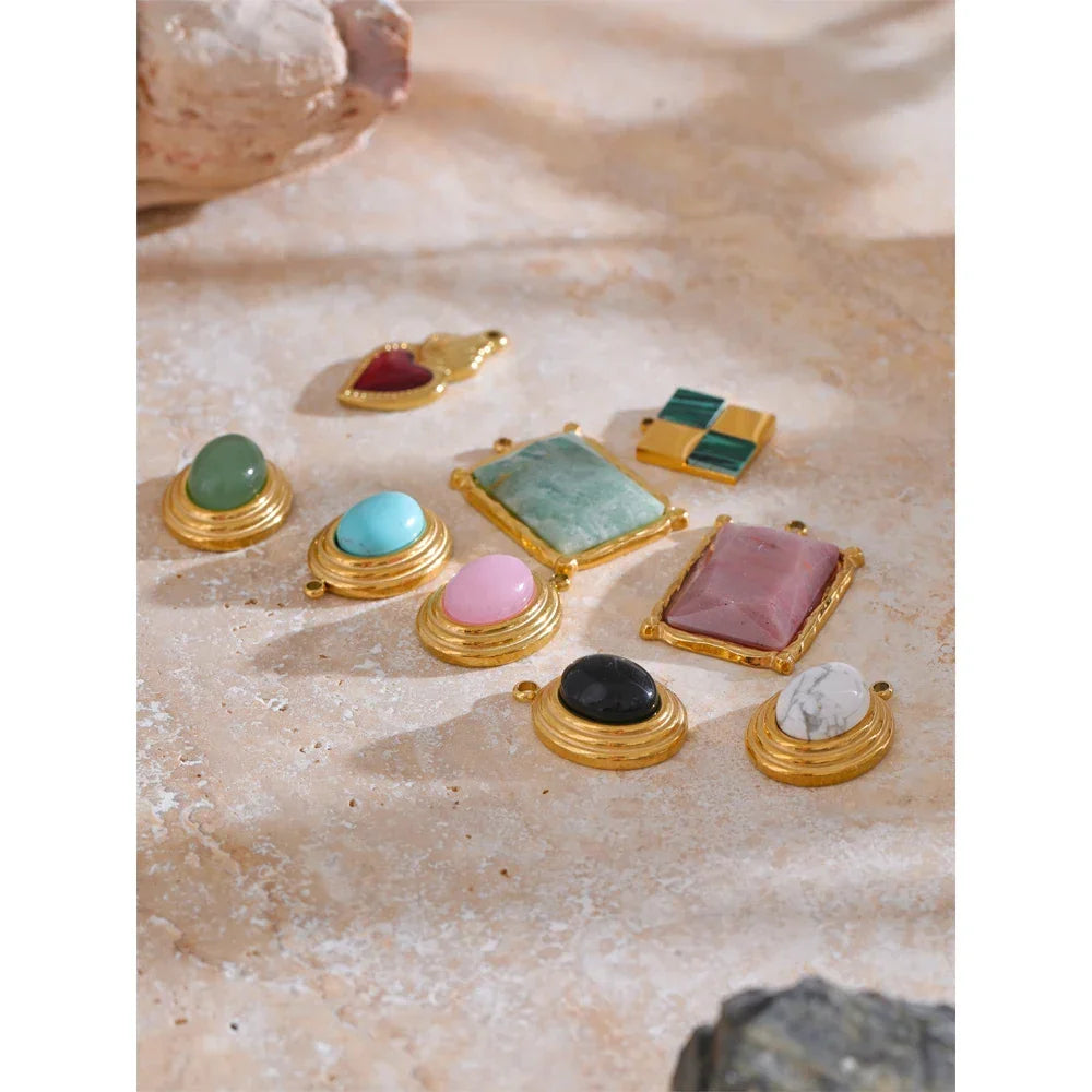 Exclusive Stainless Steel Natural Stone Round Square Water Drop DIY Handmade Accessories Waterproof Jewelry 18k PVD Plated