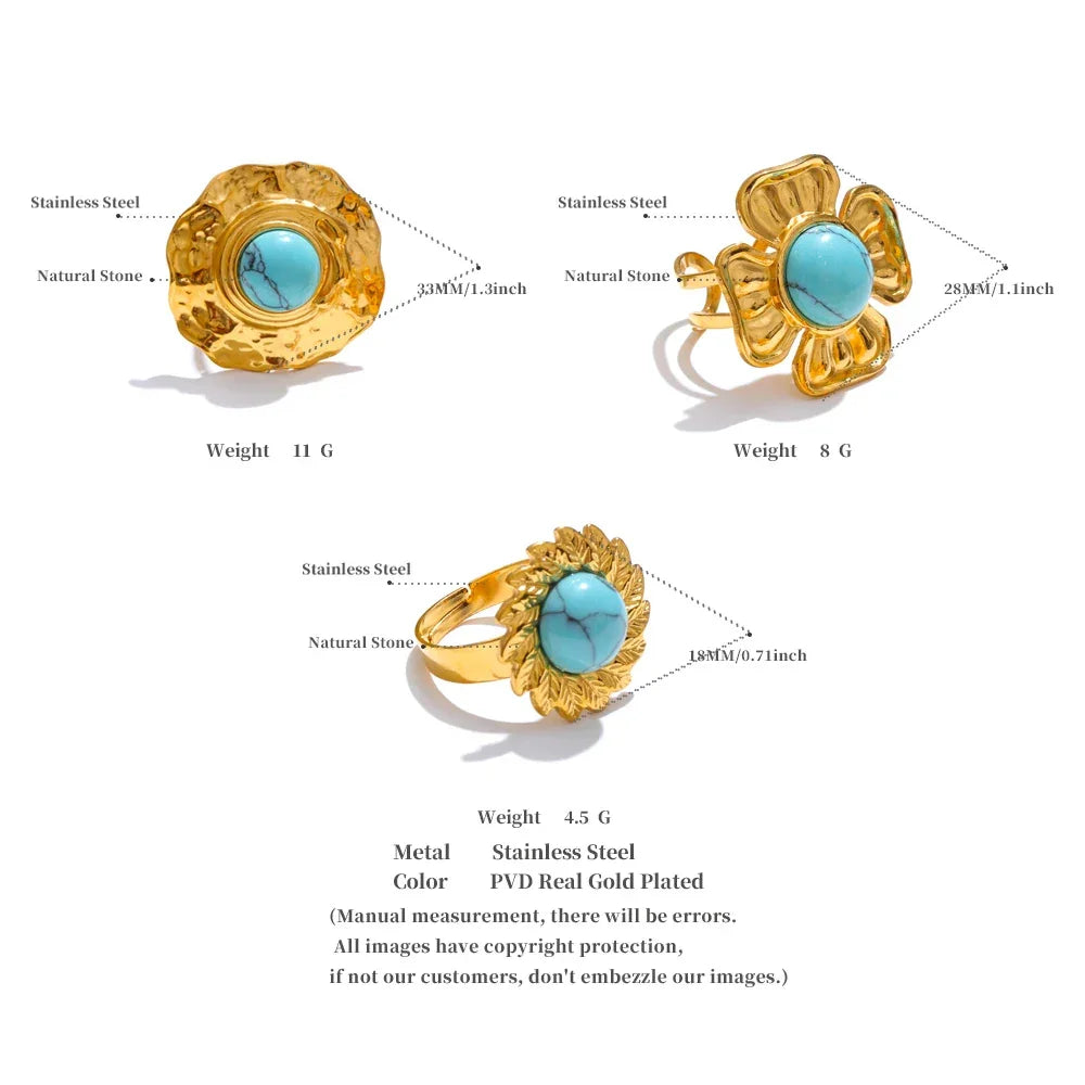 Yhpup Arrivals Blue Turquoise Flower Sun Adjustable Ring for Women 18K Golden Plated Stainless Steel Fashion Finger Jewelry