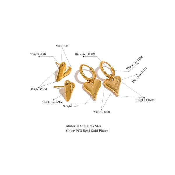 Gold plated stainless steel heart earrings and hoops with size and dimension details