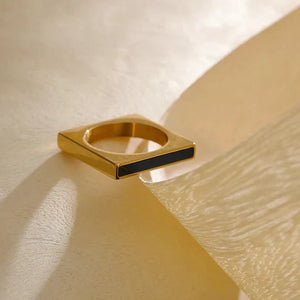18K gold-plated square ring with black enamel detail on textured surface