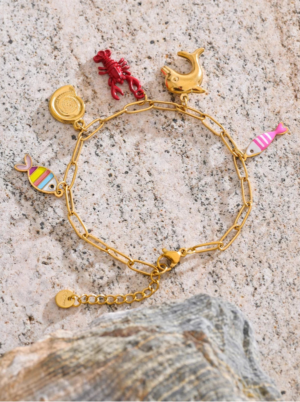 Gold Enamel Fish Charm Bracelet