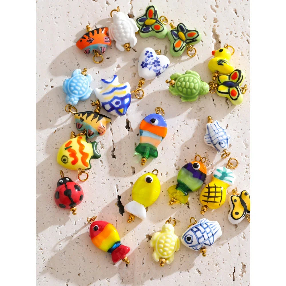 1PC Fashion Enamel Fish Turtle Flower Insect Stainless Steel Charm DIY Accessories Making Necklace Bracelet Jewelry