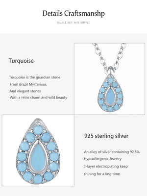 A product information graphic for a turquoise teardrop pendant necklace. The layout includes descriptive text about the turquoise stone and 925 sterling silver, alongside two product views: a larger front view of the pendant and a smaller view showing the pendant on a chain.