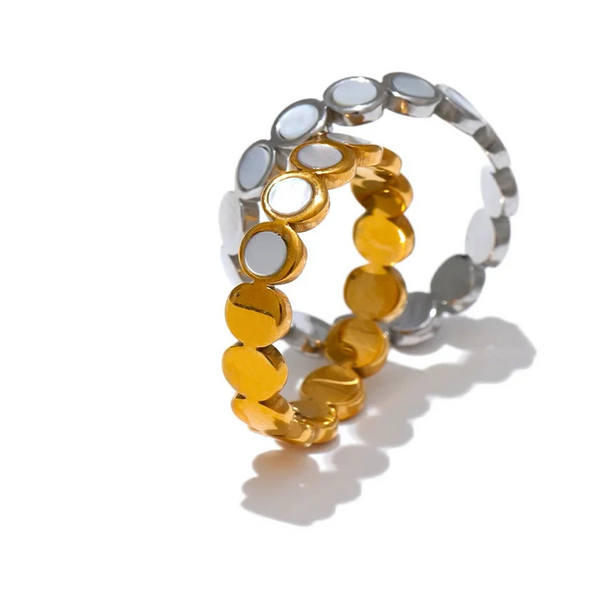 Two rings, one silver and one gold, on a white background with 'Jewelry' text.