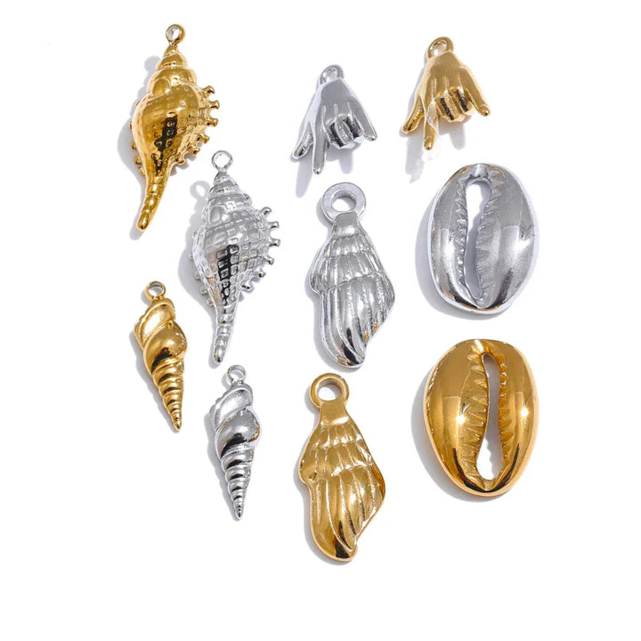 Trendy Stainless Steel Metal 18k Gold PVD Plated Waterproof Conch Shell Ocean Palm Charm Accessories DIY Jewelry