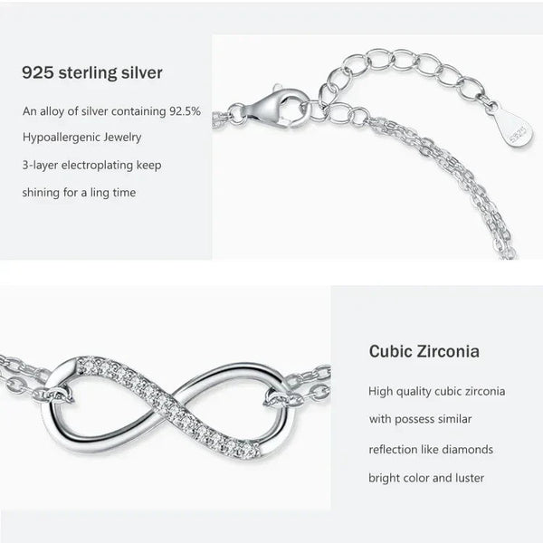 925 sterling silver infinity necklace with cubic zirconia and adjustable chain clasp
