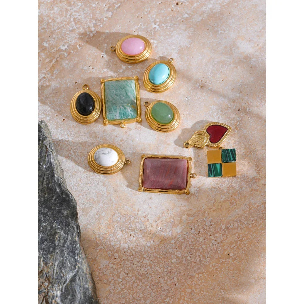 Exclusive Stainless Steel Natural Stone Round Square Water Drop DIY Handmade Accessories Waterproof Jewelry 18k PVD Plated