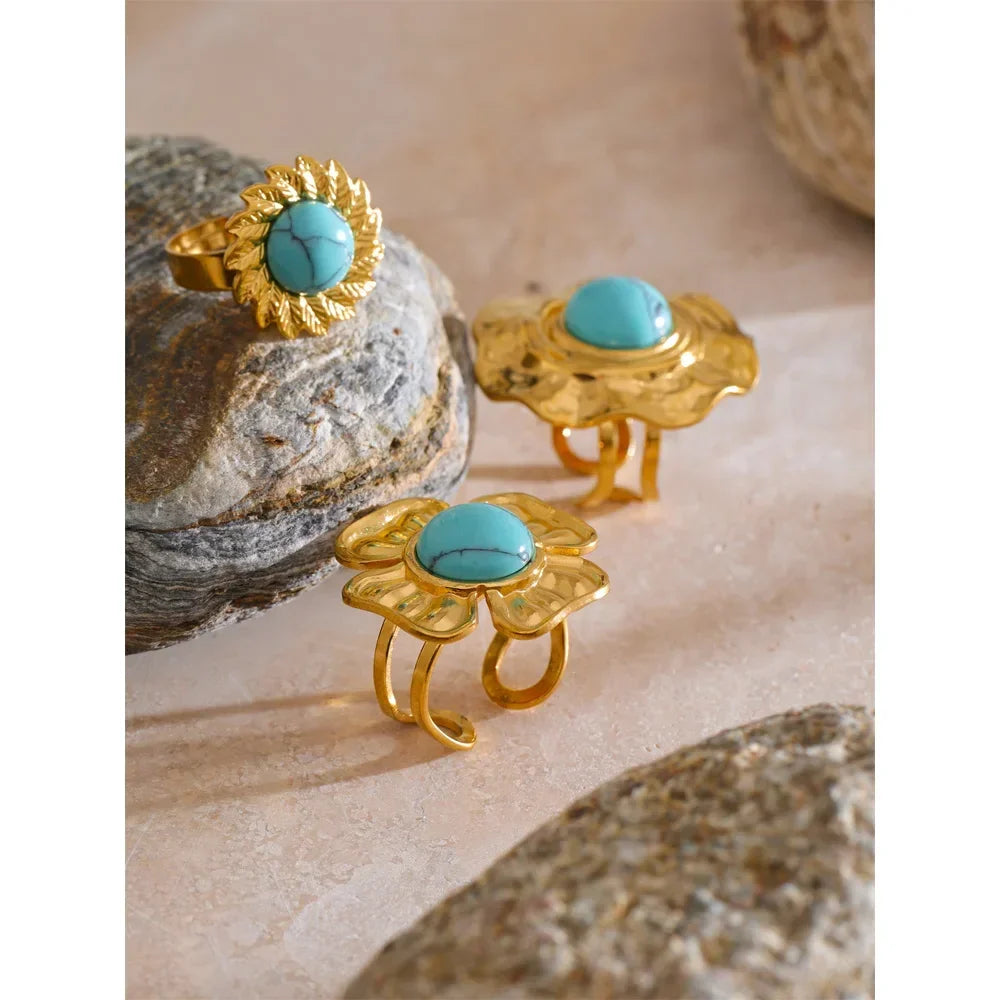 Yhpup Arrivals Blue Turquoise Flower Sun Adjustable Ring for Women 18K Golden Plated Stainless Steel Fashion Finger Jewelry