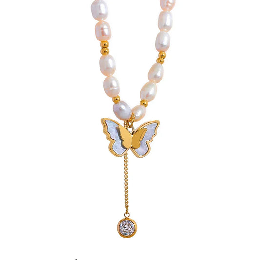 Pearl necklace with a gold butterfly pendant on a white background, featuring the brand 'Yi Xuan'.