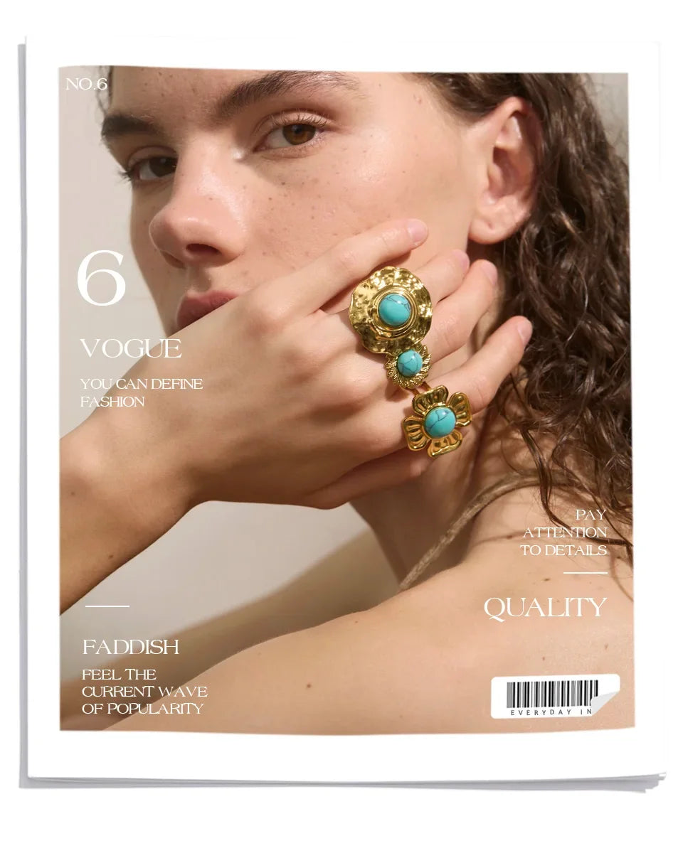 Yhpup Arrivals Blue Turquoise Flower Sun Adjustable Ring for Women 18K Golden Plated Stainless Steel Fashion Finger Jewelry