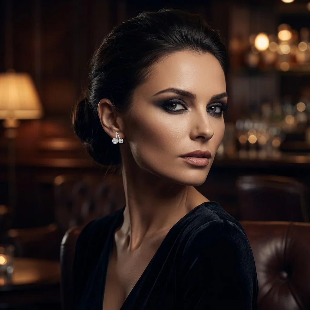 Woman in a black dress sitting in a dimly lit bar.