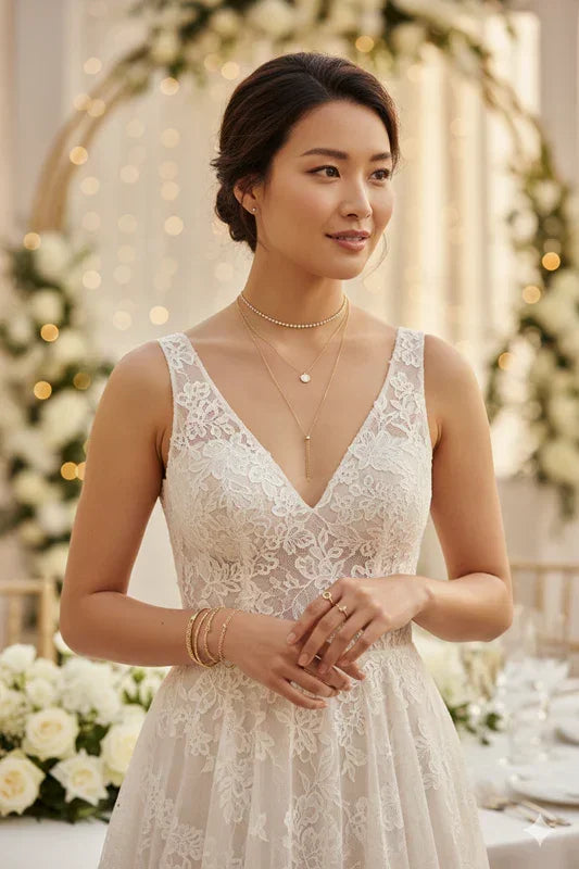 Woman in a lace wedding dress standing in a decorated indoor setting with floral arrangements.