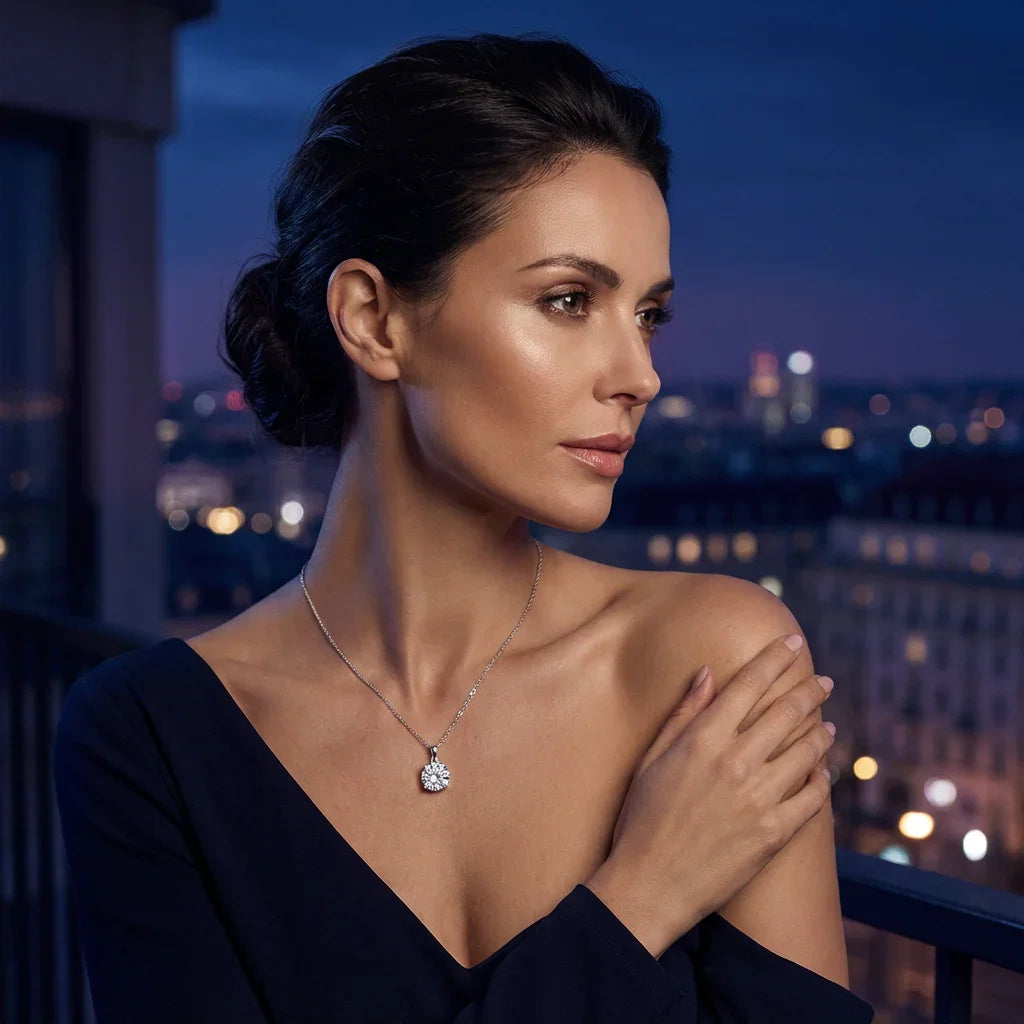Woman wearing a necklace with a cityscape in the background
