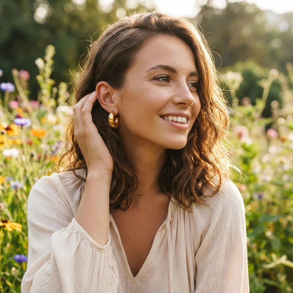 Woman in a field of flowers wearing gold earrings