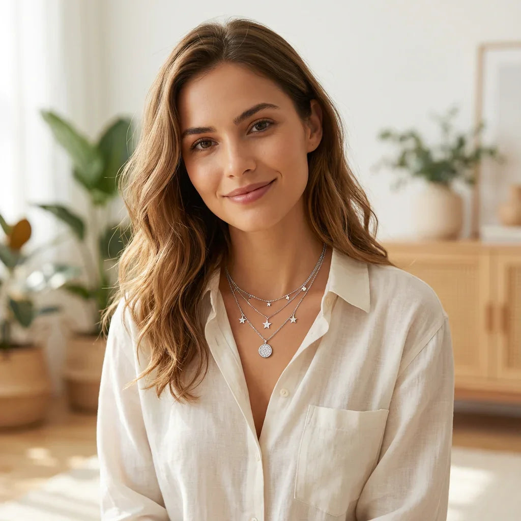 Woman wearing layered necklaces in a home setting