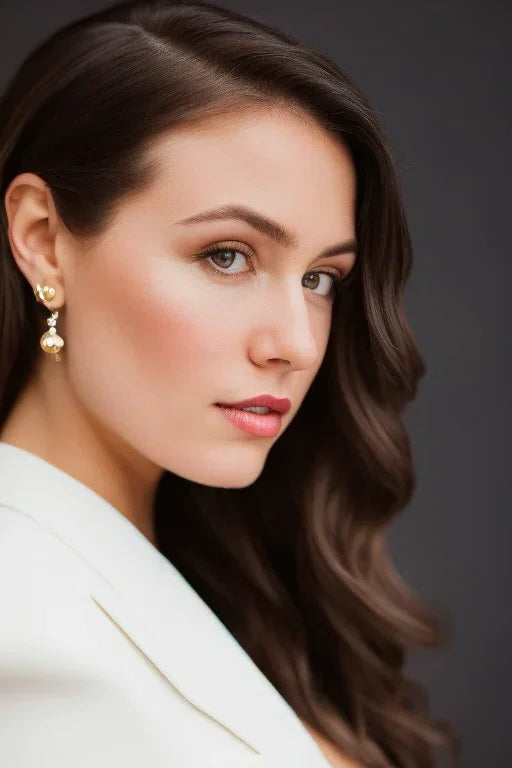 Woman with styled hair and earrings against a dark background