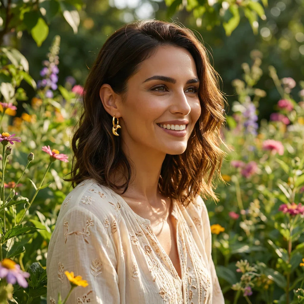 Woman standing in a field of flowers, smiling.