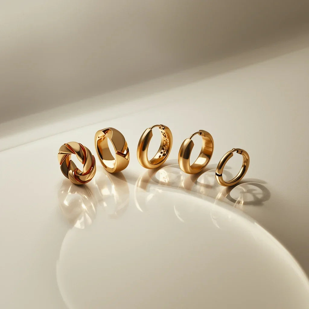 Five gold rings of different designs on a reflective surface with a neutral background