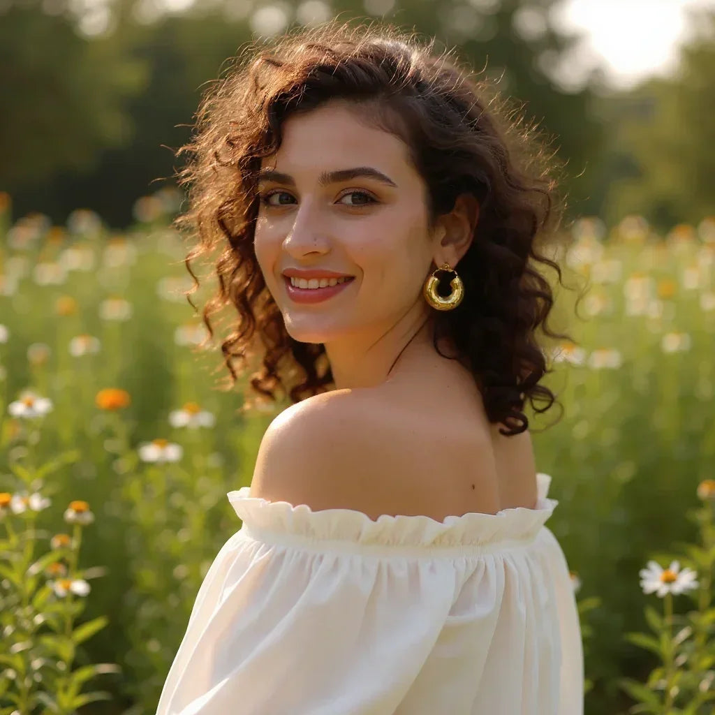 Woman in a white off-shoulder top standing in a field of flowers