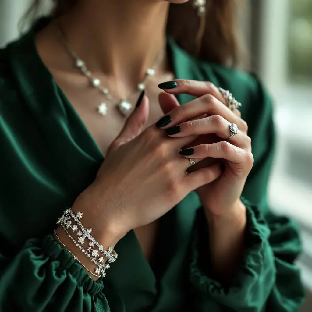 Close-up of a person wearing jewelry including a necklace, bracelet, and ring, with a blurred background.