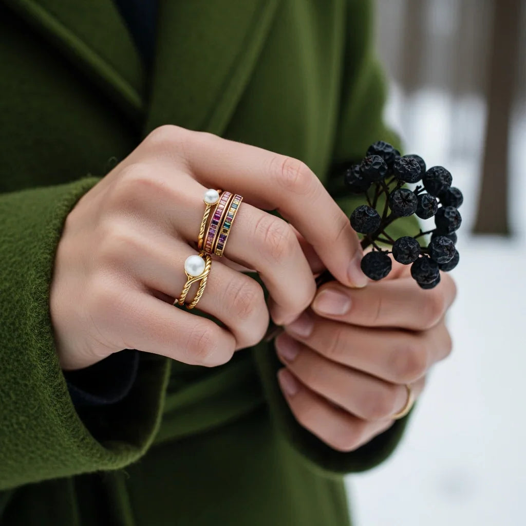 Close-up of hands wearing colorful rings holding black berries, with a blurred green coat background.