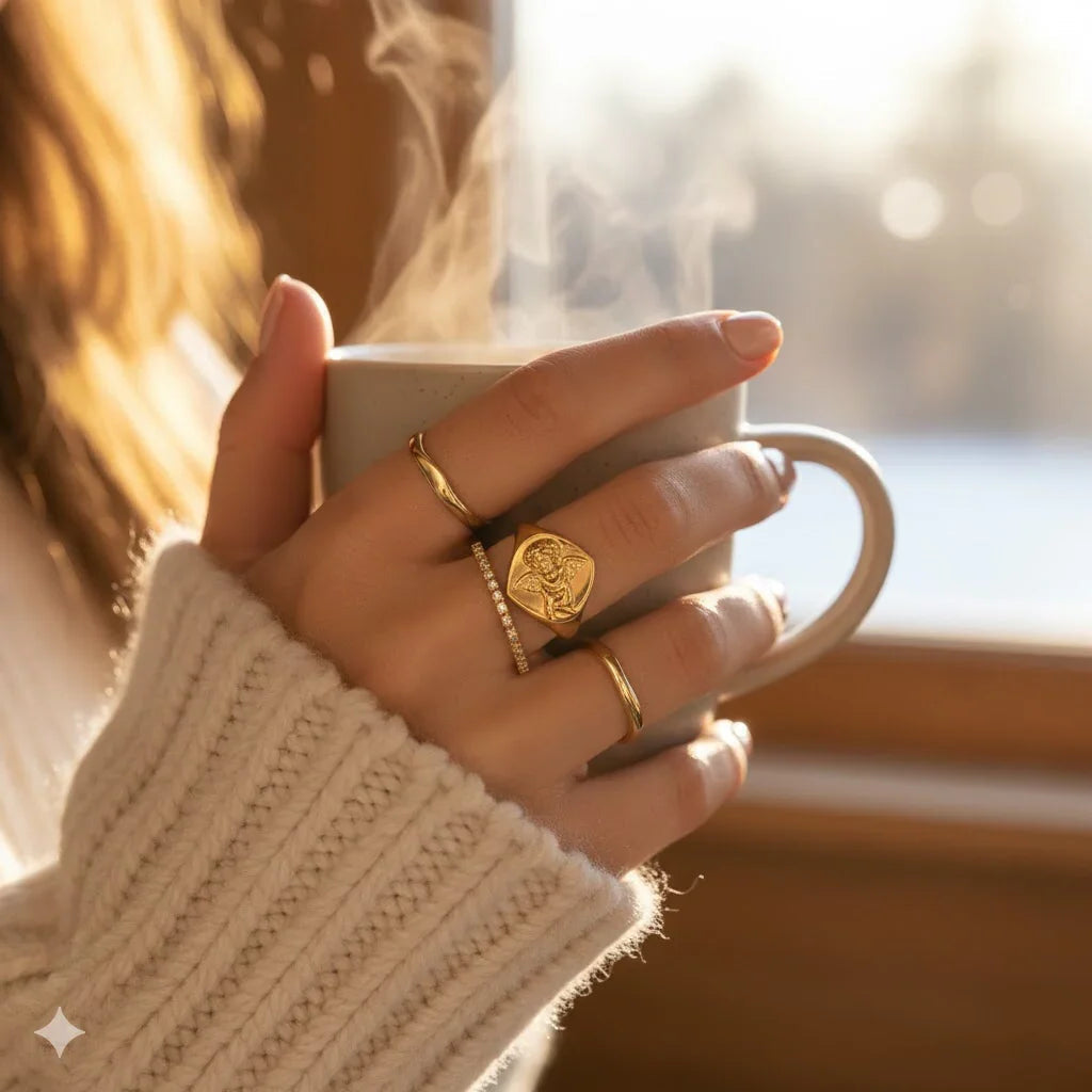 Person holding a steaming mug with gold rings on a blurred background