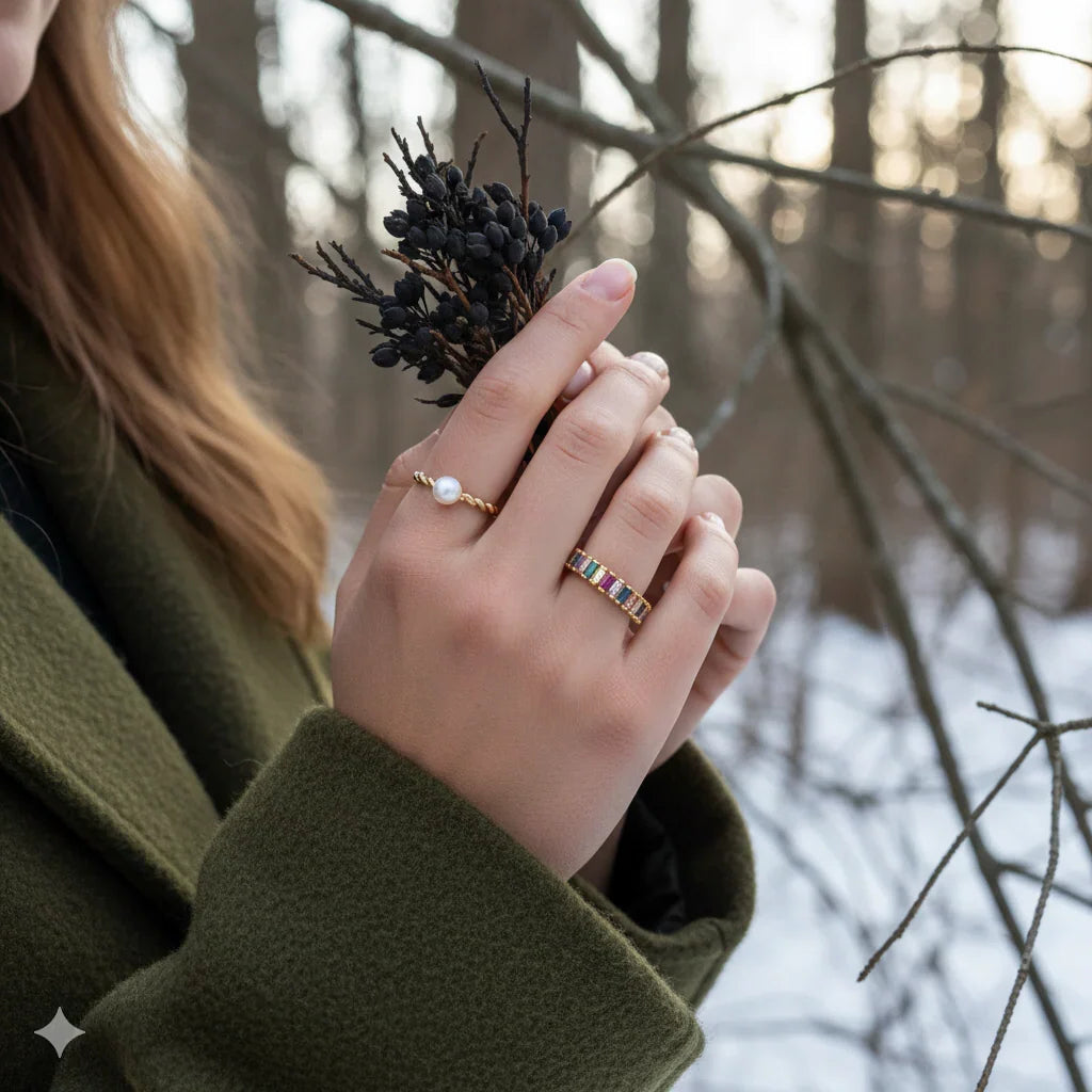 Close-up of hands wearing rings with a blurred natural background